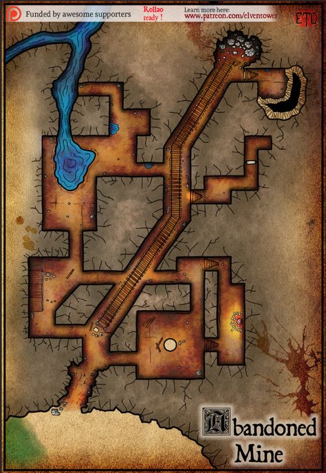 Map 87 - Abandoned Mine | Elven Tower Elven Tower, Family Campaign, Dnd Places, Mega Dungeon, Dwarven City, Fantasy Dungeon, Canvas Backdrop, Abandoned Mine, Dnd World Map