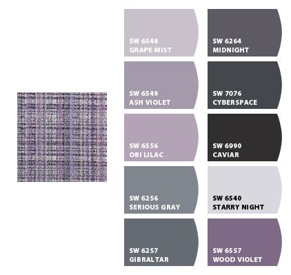 Purple And Gray Bedroom, Plum Color Palette, Gray Pallet, Purple Paint Colors, Worldly Gray, Sherwin Williams Color Palette, Paint Color Combos, Zyla Colors, Sherwin Williams Gray