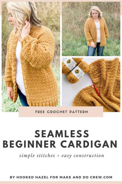 This free, nearly seamless crochet cardigan pattern is easy enough for beginners and perfect for layering. This simple women's sweater is made in one piece, and the only seaming you'll do is on the shoulders. The tulip stitch creates a beautiful texture while Lion Brand's Touch of Alpaca ensures the ultimate comfort and squishiness. #makeanddocrew #freecrochetcardiganpattern Free Crochet Cardigans For Women, Xl Crochet Cardigan Pattern, Free Crochet Pattern For Poncho, Free Crochet Patterns Womens Cardigans, Crocheted Cardigans Free Patterns Easy, Crochet Projects For Women, Light Crochet Cardigan Pattern Free, Super Bulky Crochet Cardigan, Crocheted Sweaters For Women Free