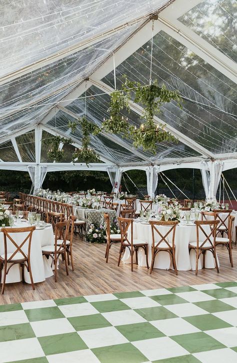 tented wedding reception featuring hanging foliage and a checkered dance floor | Image by Wade Muir Garden Tent Wedding, Backyard Tent Wedding, Lakeside Garden, Garden Tent, Tent Wedding Reception, Backyard Tent, Wedding Backyard Reception, Backyard Reception, Dance Floor Wedding