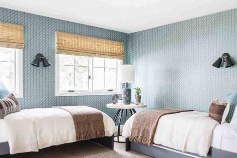 Dreamy farmhouse style home perched on the shoreline of Puget Sound L Shaped Twin Beds, Black Wooden Bed, Black Wood Bed, Remodel Interior Design, Light Blue Bedding, Mindy Gayer Design, Blue And White Bedding, Blue Boys Bedroom, Boys Shared Bedroom