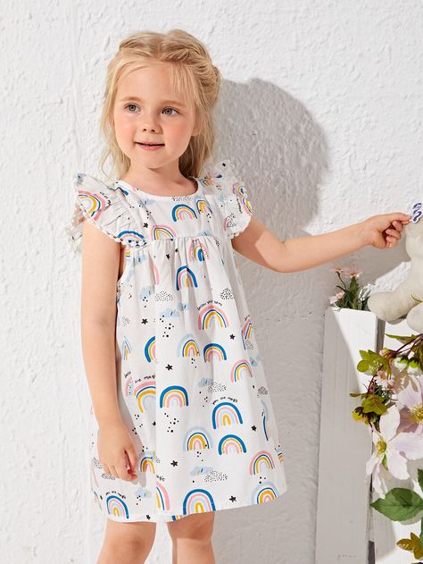 White Cute  Sleeveless Cotton Cartoon,All Over Print Smock Embellished Non-Stretch Summer Toddler Girls Clothing California Sign, Cartoon Rainbow, Girls Cartoon, Rainbow Print, Toddler Girl Dresses, Toddler Girl Outfits, Girl Dresses, White Style, Cute Pattern