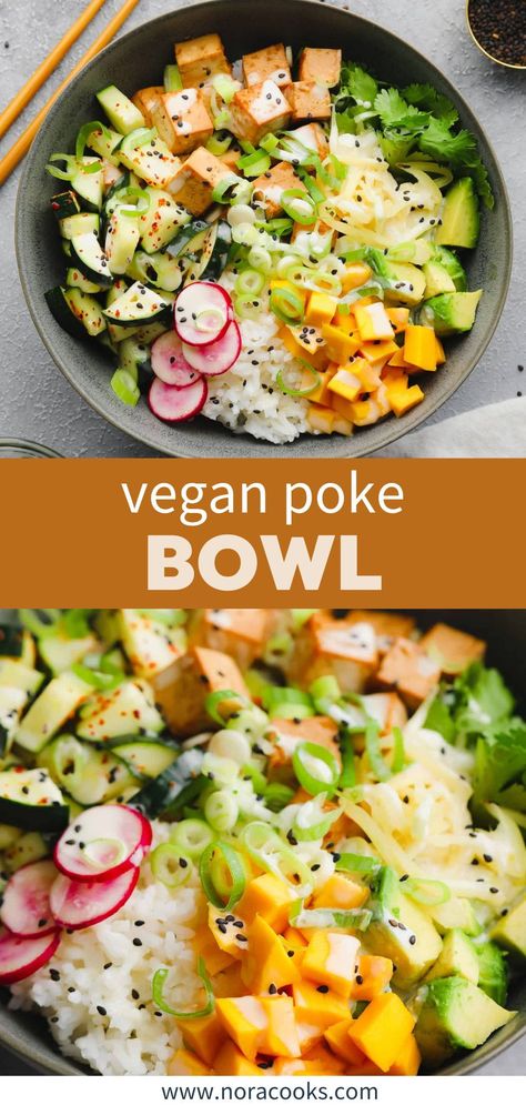 This ​​Vegan Poke Bowl features marinated tofu poke and easy cucumber salad served in a loaded bowl with rice, creamy wasabi sauce, mango, avocado, and more. It’s flavorful, healthy, and refreshing! | vegan poke bowl recipe | vegan poke bowl sauce | vegan poke bowl ideas | vegan poke bowl tofu | vegan poke bowl mango Salad Bowl With Rice, Pickled Veggies For Poke Bowl, Vegan Tofu Poke Bowl, Rice Bowls Vegan, Poke Bowl Vegetarian, Vegetarian Poke Bowl, Tofu Poke Bowl, Vegan Sushi Bowl, Tofu Poke