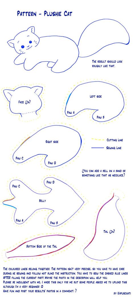 Pattern for Plushie Cat by Kapuschati on DeviantArt Toothless Pattern, Pouch Sewing, Animal Sewing Patterns, Plushie Patterns, Sewing Stuffed Animals, Patch Aplique, Felt Cat, Plush Pattern, Cat Plush