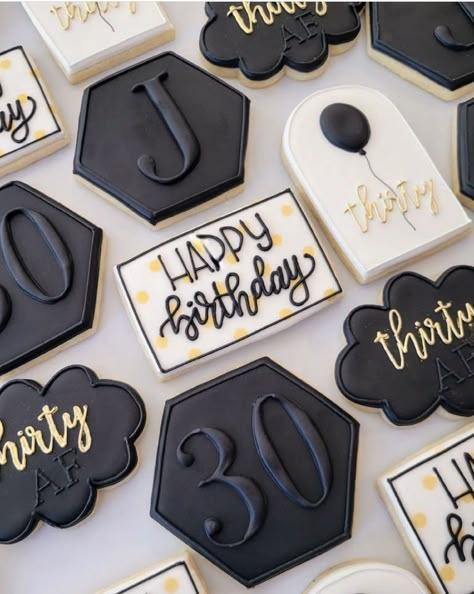 30th Bday Cookies Women, 30 Mens Birthday Party, Black And Gold 30th Birthday Cookies, Classy 30th Birthday Party For Men, 30th Bday Cookies For Men, 40th Bday Cookies For Men, Rip 30s Cookies, 30th Cookies For Men, 30th Bday Decorations Men