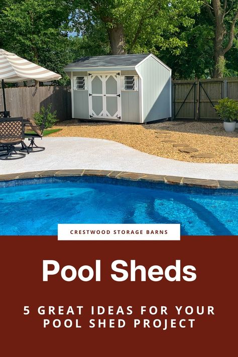 Pool Shed Change Room Ideas, Simple Pool House Shed, Small Pool Shed Ideas, Pool Shed Storage Ideas, Pool Toys Storage Ideas, Pool Shed Organization, Pool House Storage Ideas, Pool House Shed Ideas, Small Pool Houses Sheds