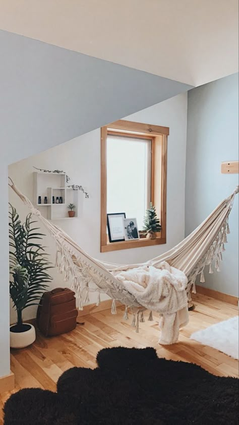 cozy hammock inside bedroom winter sheep rug Room Ideas With Hammock, In House Hammock, Hammock Bedroom Aesthetic, Hammock In Basement, Hammock Bedroom Ideas Hanging Beds, Indoor Bedroom Hammock, Room Hammock Bedrooms, Hammock Ideas Bedroom, Hammock In Bedroom Ideas