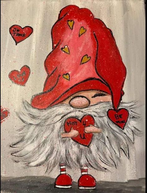 Gnome Art, Gnome Paint, Gnome Pictures, Valentine Gnome, Fairy Crafts, Valentines Art, Gnome Patterns, Canvas Painting Diy, Gnomes Crafts