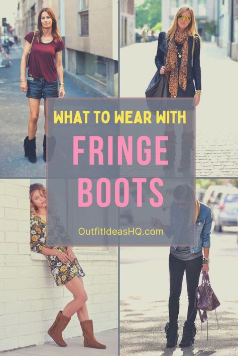 With fringe boots, there’s just one rule: DO NOT OVERDO. As the boots alone are flamboyant enough, the trick is to wear them with simple and basic outfits and accessories. Outfits With Fringe Boots, How To Style Fringe Boots, Tall Fringe Boots Outfit, Fringe Boot Outfit, What To Wear With Fringe Boots, Boots With Fringe Outfit, Black Fringe Boots Outfit, Fringe Ankle Boots Outfit, Brown Fringe Boots Outfit