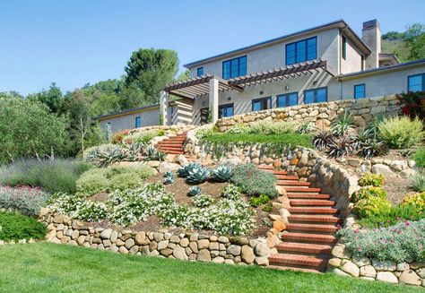 Backyard Hill, Steep Backyard, Landscaping House, Hill Landscaping, Sloped Backyard Landscaping, 25 Beautiful Homes, Landscaping A Slope, Landscaping On A Hill, Mediterranean Landscape