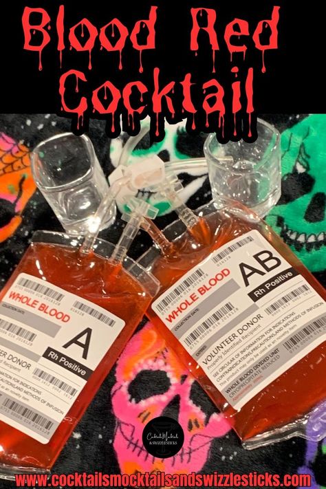 this image shows two red cocktails in blood bag drink containers with two shot glasses on top of a black background with colorful halloween skulls. Halloween Theme Drinks, Theme Drinks, Halloween Themed Drinks, Red Halloween, Vampire Blood, Red Cocktails, Themed Drinks, Party Pops, Red Cocktail