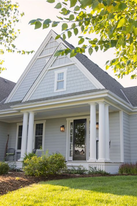 Light Blue House White Trim, Light Gray Hardie Board Siding, James Hardie Dream Collection Colors, James Hardie Artic White Siding, Light Mist James Hardie, Gray Shingle House, Shingle Siding Accent, Light Mist Hardie Siding, Grey Siding White Trim