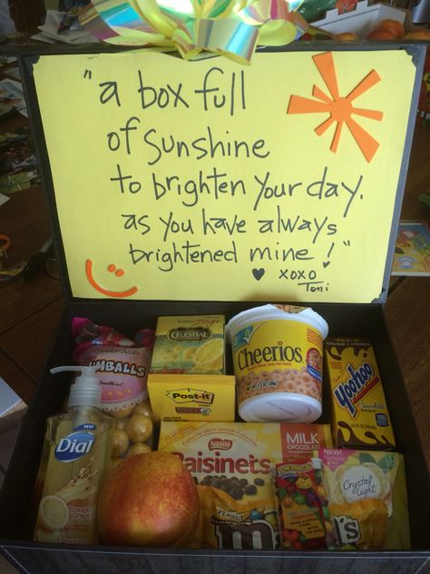 A box full of sunshine!                                                                                                                                                                                 More Box Full Of Sunshine Ideas, Basket Of Sunshine Ideas, Sunshine Box Ideas, Diy Christmas Gifts For Mom, A Box Of Sunshine, Sunshine Gifts, Sunshine Box, Birthday Care Packages, Citrus Soap