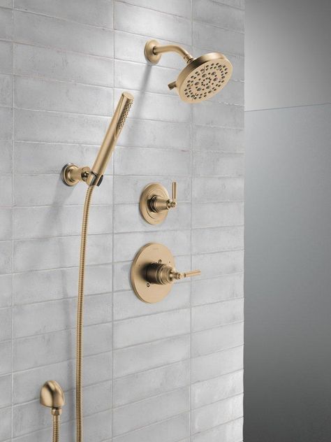 Delta Faucet Single Handle Multi Function Shower Faucet in Brilliance® Champagne Bronze (Trim Only) | Ferguson Delta Shower Fixtures, Contemporary Bathroom Designs, Shower Fixtures, Delta Faucets, Champagne Bronze, Custom Shower, Handheld Shower Head, Bathroom Collections, Bathroom Layout