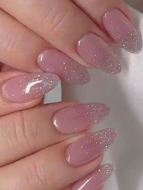 Multicolor  Collar    Bare Nails Embellished   Beauty Tools Glitter Nails Oval Shape, Oval Nails Glitter Tips, Sparkle Oval Nails, Dusty Rose Wedding Nails, Pink Glitter Oval Nails, Glitter Long Nails, Pale Pink And Glitter Nails, Pink Glitter Ombre Nails, Light Pink Nails With Glitter