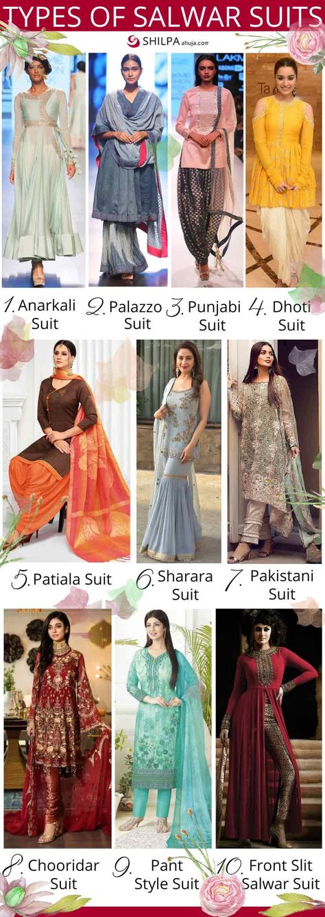 Types of Salwar Suits for Women: Which One Will Suit You? Modern Salwar Designs, Suit And Pants For Women Indian, Different Types Of Suits For Women Indian, Latest Ladies Suit Designs Indian, Different Types Of Indian Outfits, Ladies Salwar Suit Design, Types Of Indian Outfits, Latest Designer Suits Women, Types Of Suit For Women