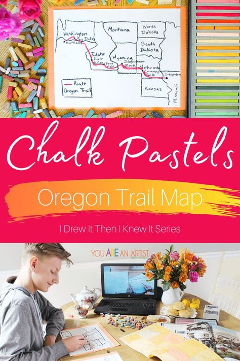 Nana’s chalk Pastel Oregon Trail Map helped us to see just how far the family traveled. Plus, chalk pastel maps are so much fun! Perfect for your homeschool American history studies. #homeschool Oregon Trail Unit Study, Oregon Trail Map, Pastel Map, Middle Ages History, American History Homeschool, American Landmarks, New Testament Bible, World Landmarks, Homeschool Geography