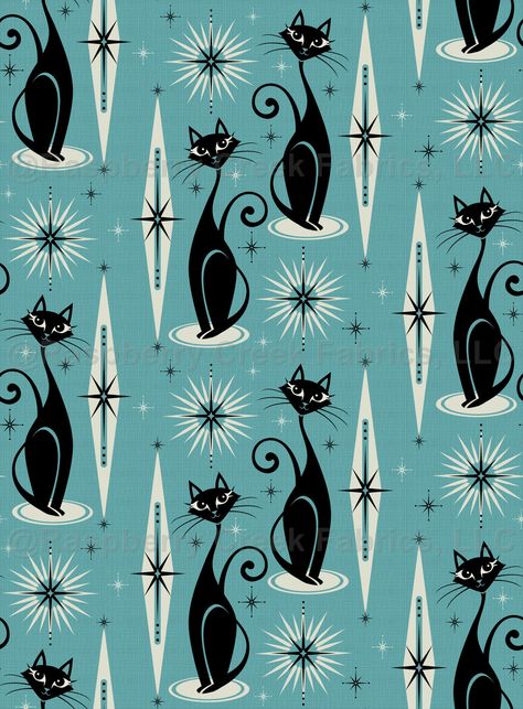 Mid Century Meow Retro Atomic Cats on Cadet Blue ©studioxtine Mid Century Cat, Diamond Cat, Mid Century Illustration, Cat Fabric, Retro Cats, Retro Fabric, Mid Century Decor, Mid Century Art, Mid Century Modern Art