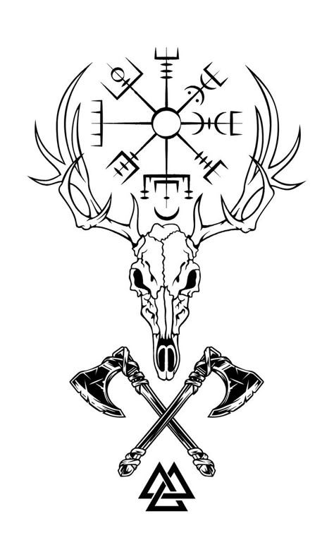 Viking Tattoo Flash, Viking Skull Art, Viking Tattoo Ideas, Payasa Tattoo, Valhalla Tattoo, Viking Rune Tattoo, Fenrir Tattoo, Norse Mythology Tattoo, Stag Tattoo