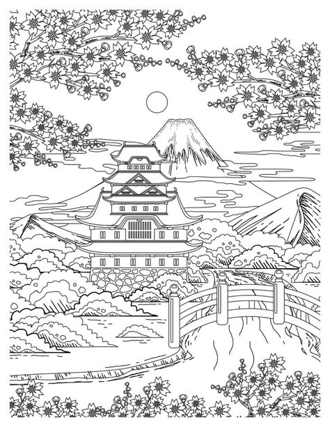 Zen Garden Coloring Page | Relax & Create Japanese Coloring Pages, Zen Coloring Pages, Japanese Zen Art, Japanese Landscape Art, Japanese Pictures, Garden Coloring, Garden Coloring Pages, Adult Colouring Printables, Zen Colors