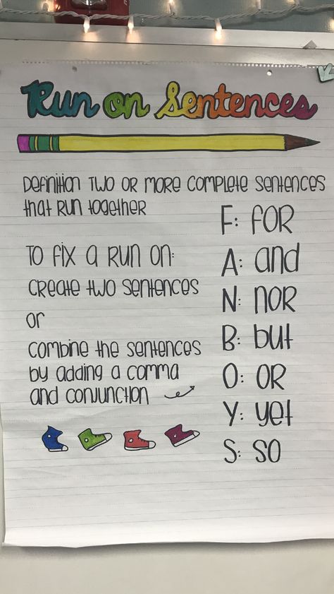 Run on sentence anchor chart Run On Sentences Anchor Chart, Sentence Anchor Chart, Teaching Sentences, Combining Sentences, Sentence Fragments, Run On Sentences, Student Hacks, Anchor Chart, Future Classroom