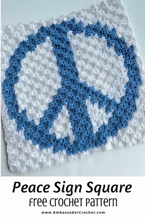 Crochet Peace Sign, Crochet Blanket Square, Crochet Squares Afghan, Crochet Square Blanket, C2c Crochet, Crochet Patterns Free Blanket, Crochet Heart, Crochet Square, Crochet Squares