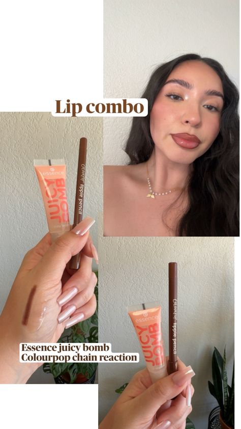 Essence juicy bomb and Colourpop chain reaction lip liner #lipcombo #lipproducts #gloss #glossylips #makeup #makeupforbrowneyes #lipmakeup Essence Juicy, Juicy Bomb, Lip Combo, Chain Reaction, Lip Liner, Essence, Chain, Makeup, Make Up