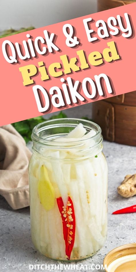 Make your own quick and easy pickled daikon with this delicious daikon radish recipe! Perfect for adding a crunchy, spicy flavor to any dish. This is a great homemade pickled condiment. If you're looking for a spicy pickled recipe give this one a try!    https://www.rfr.bz/pli7979 Pickled Dicon Radish, Pickled Diakon Radish And Carrot, Purple Daikon Radish Recipes, Pickled Diakon Radish Korean, Diakon Recipes, Pickled Daikon Radish Recipes, Pickled Potatoes Recipe, Korean Pickles Recipe, Daikon Radish Recipes