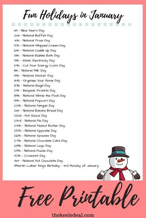 Fun and Wacky Holidays to celebrate in January. Free printable list of holidays 31 Ways To Celebrate January, National Days In January 2024, January Holidays 2024, January Homeschool Ideas, January Celebrations, Fun Holidays To Celebrate, January List, Martin Luther King Birthday, Holidays In January