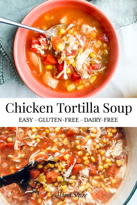 Easy to make Chicken Tortilla Soup that is so tasty and satisfying! Ready in 30 minutes or less! Weight Watchers 0 Smart Points, Trim Healthy Mama-E #glutenfree #soup #dairyfree #sugarfree #weightwatchers #chickenrecipes #trimhealthymama Gluten Free Dairy Free Chicken Tortilla Soup, Thm E Soup Recipes, Gf Df Chicken Tortilla Soup, Gluten Free Tortilla Soup, Dairy Free Tortilla Soup, Tortilla Soup Dairy Free, Dairy Free Chicken Tortilla Soup, Chicken Tortilla Soup Dairy Free, Gluten Free Chicken Tortilla Soup