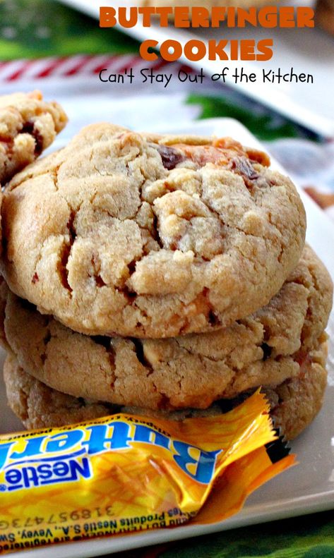 Butterfinger Cookies Recipe, Butterfinger Cookie Bars, Butterfinger Crumble Cookies, Cookies With Butterfinger Bits, Butterfinger No Bake Cookies, Butterfinger Pieces Recipes, Butterfinger Cookies, Ultimate Cookies, Favorite Cookie Recipe