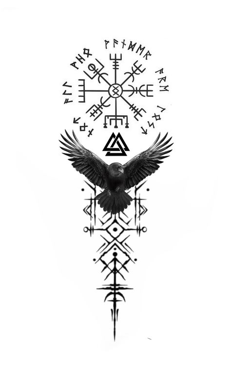 Odin With Ravens Tattoo, Norse Runes Tattoo Design, Nordic Viking Tattoo Design, Nordic Tattoo Men, Norse Tattoos For Women, Viking Back Tattoo, Nordic Raven Tattoo, Valknut Tattoo, Vegvisir Tattoo