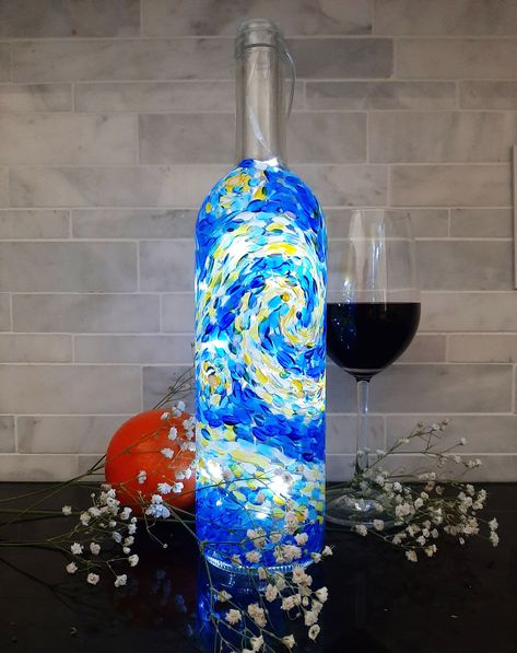 Book now for Glass/Ceramics: Bottle Painting - Starry Night with Tia Canonico on 01/21/2025 at 185 Main st Farmingdale, NY. Earn 10 Loyalty Reward points for every ticket! Paint Alcohol Bottles, Red Wine Bottle Crafts, Glass Painting Bottles Art, Glass Painted Bottles, Painting On Bottles Ideas, Wine Bottle Art Projects, Old Glass Bottles Ideas, Vodka Bottle Art, Painted Alcohol Bottles