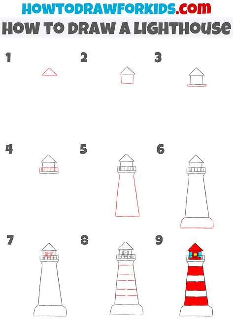 Step By Step Lighthouse Painting, Lighthouse Easy Drawing, Drawing A Lighthouse, Drawings Of Lighthouses, Watercolor Lighthouse Paintings Easy, Easy Lighthouse Painting For Beginners, Lighthouse Easy Painting, Simple Light House Drawing, Light House Clipart