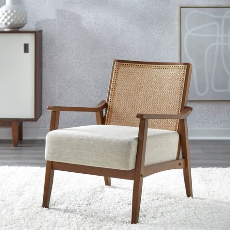 The Hannah Wood Frame Armchair by Lifestorey features beautiful cane back in a natural color which will enhance any room in your home. Fashionable Mid-Century modern style, this chair is crafted with real cane and solid sustainable rubberwood in a rich walnut finish. Generously padded foam cushioning provides added comfort, upholstered in a neutral beige linen-look fabric. Designed with a removable seat cushion that allows you to adjust the appearance of the chair, along with easy cleaning. Chai Rattan Chair Living Room, Accent Chairs For Bedroom, Cane Accent Chair, Wood Accent Chair, Wood Frame Arm Chair, Cane Back Chairs, Apartment Checklist, Lounge Chairs Living Room, Cane Chair