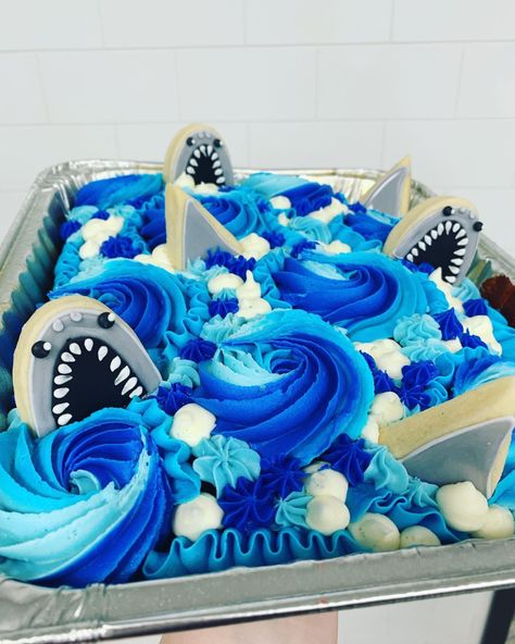 Shark Cookie Cake, Shark Sheet Cake, Shark Cupcake Cake, Jaws Themed Party, Jaws Cake, Shark Cake Ideas, Shark Cakes, Hawaiian Cookies, Beach Dessert