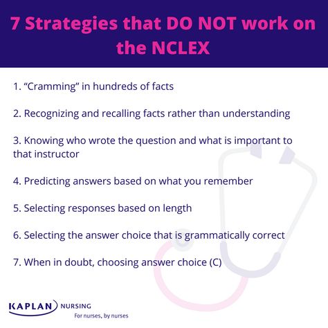 Read more about these strategies that do NOT help when taking the NCLEX. These strategies will not work on the NCLEX-RN® exam. Remember, the NCLEX-RN® exam is testing your ability to make safe, competent decisions.   Learn more about Kaplan - http://ow.ly/Pt5B30kab7i #NCLEXTestTips #KaplanTestTips #SuccessfulTestTaker #WhatNotToDoOnTheNCLEX #NCLEX #NursingLife #NCLEXExam Nclex Prep Study Guides, Nclex Next Gen Study Plan, Nclex Test Taking Strategies, Nclex Review Study Guides, Nclex Passed Posts, Nclex Study Plan, Nclex Exam, Test Taking Strategies, Nclex Study