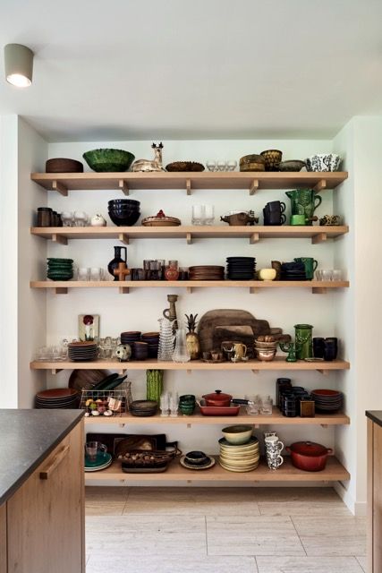 Kitchen Wall Of Shelves, Eclectic Kitchen Shelves, Open Shelves Fridge, Open Shelving In Dining Room, Open Shelves Kitchen, Open Shelving In The Kitchen, Shelving Kitchen, Dining Room Shelves, Open Kitchen Shelves