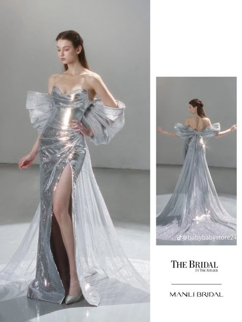 Futuristic Evening Gown, Creative Dresses For Fashion Show, Award Show Outfits Dress To Impress, Glitz And Glam Outfit Ideas, Futuristic Gown, Luxury Prom Dresses, Royalty Dresses, Structured Sleeves, Silver Evening Gowns