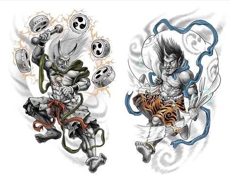 Raijin Tattoo, Raijin Fujin, Japanese Leg Tattoo, Oni Tattoo, Skull Art Tattoo, Oni Demon, Thunder God, Chicano Style Tattoo, Blackout Tattoo