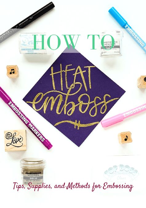 Use embossing ink, embossing powder, and a heat tool to create beautiful raised designs. Learn about how to use embossing markers, stamp pads, and liquid ink. Embossing Techniques Powder, How To Emboss, How To Use Embossing Powder, Heat Embossing Techniques, Heat Embossed Cards, Emboss Lettering, Homemade Envelopes, Embossing Pen, Heat Embossing