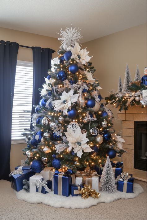 Blue Gold And White Christmas Tree, White Christmas Tree Color Schemes, White And Blue Christmas Tree, Fortnite Christmas, Blue And White Christmas Tree, Christmas Tree Color Schemes, Christmas Tree Colour Scheme, Blue Christmas Tree Decorations, The Perfect Christmas Tree