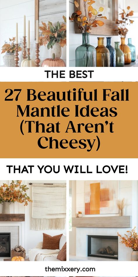 The best 27 beautiful fall mantle ideas with autumn decorations. Fall Mantels Mantles Decor, Elegant Fall Mantle, Simple Fall Mantle Decor, Fall Mantle Ideas, Simple Fall Mantle, Fall Fireplace Mantel, Mantle Styling, Fall Fireplace Decor, Fall Mantle Decor