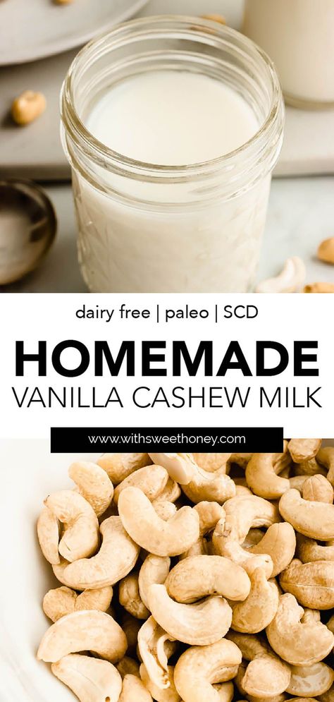 You only need five simple ingredients to make this delicious homemade cashew milk! It's great in coffee, recipes, and on it's own. Find the full recipe on withsweethoney.com! #dairyfree #paleo #nutmilk How To Make Cashew Milk Homemade, How To Make Cashew Milk, Parasite Diet, Diy Cashew Milk, Nut Milk Recipes, Micro Biome, Cashew Milk Recipe, Homemade Staples, Nut Milk Recipe