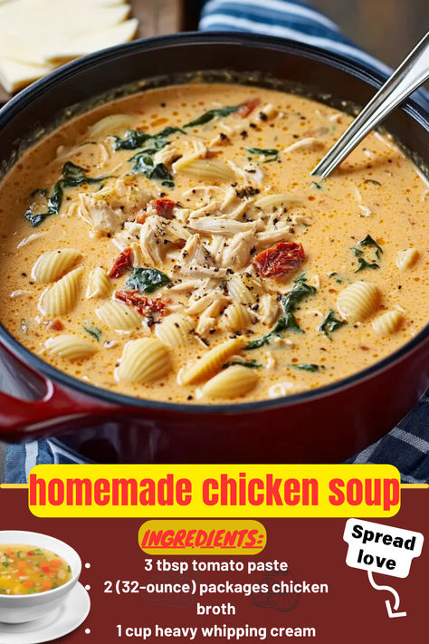 homemade Chicken Soup : is a creamy, hearty dish that brings together tender chicken, pasta, sun-dried tomatoes, and spinach in a flavorful, herb-infused broth. This rich and satisfying soup is perfect for weeknight dinners. Chicken Pasta Soup J Alexanders, Chicken Soup With Small Pasta, Chicken Broth Pasta, Chicken Soup With Pasta, Spinach Chicken Soup, Chicken Pasta Soup, Hearty Chicken Soup, Chicken Soup Recipes Homemade, Comfort Soups