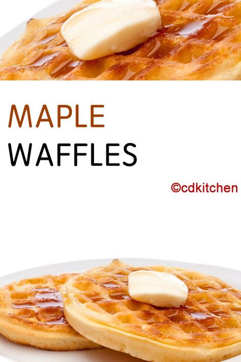 Made with eggs, flour, baking powder, salt, milk, maple syrup, maple flavoring, butter | CDKitchen.com Maple Waffles Recipe, Maple Waffle Recipe, Maple Flavored Pancakes, Maple Syrup Waffles, Maple Waffle Sandwich, Maple Waffle Breakfast Sandwich, Maple Waffles, Maple Flavoring, Waffle Sandwich Breakfast