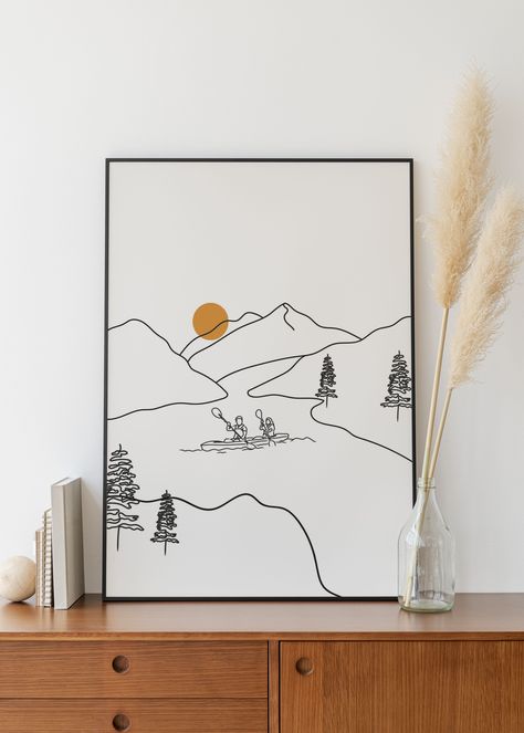 Minimalist Mountain Line art print, Digital Download, Kayak Exploring Drawing, Gift Canoe, Landscape Rafting Drawing, Simple Sketch Couple Dog Tree Tattoo, Kayak Sketch, Exploring Drawing, Sketch Couple, Canoe Art, Mountain Line Art, Kayak Art, Bay Art, Minimalist Mountain