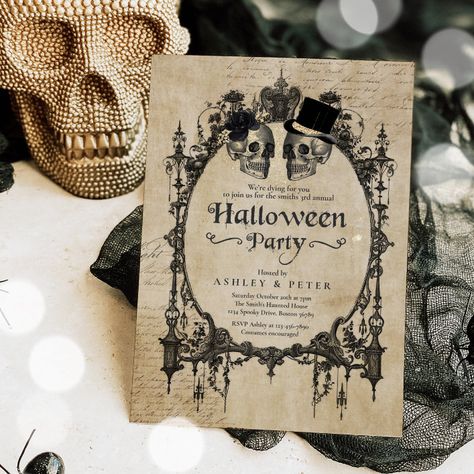 Adult Halloween Party Vintage Gothic Skull Invitation - vintage halloween invitations Gothic Halloween Party, Costumes And Cocktails, Vintage Halloween Party Invitations, Vintage Halloween Invitations, Halloween Party Host, Pumpkin Carving Party Invitations, Adult Halloween Invitations, Adult Halloween Party Invitations, Halloween Cocktail Party