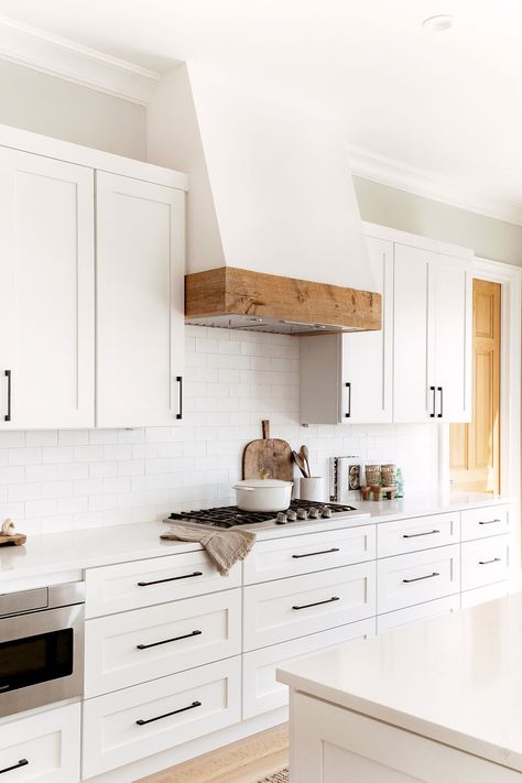 Encinitas Ranch — Decinces Design Build Co. White And Wood Stove Hood, Kitchen Soffit Range Hood, Stained Range Hood With White Cabinets, Natural Wood Oven Hood, Built In Oven Hood, Kitchen Hood With Wood Trim, White Vent Hood With Wood Trim, Square Range Hood, Stove Range Hood Ideas