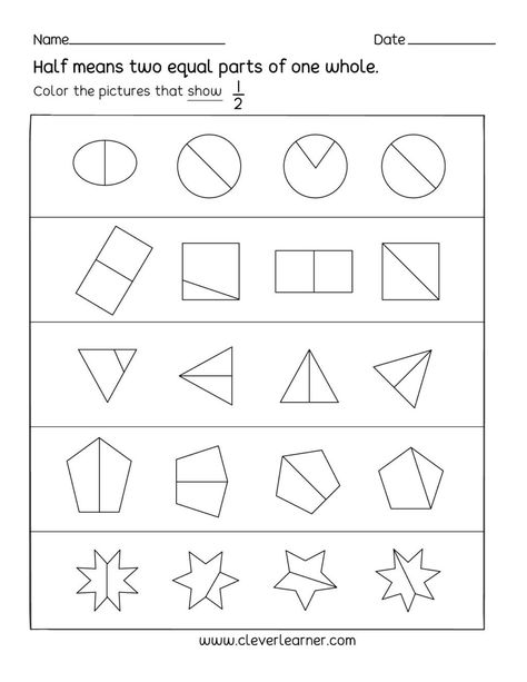 Half Worksheet, Simple Fractions Worksheets, Fractions For Kids, Writing Kindergarten Worksheets, Grade 2 Maths, Grade 1 Maths, Free Fraction Worksheets, Math Fractions Worksheets, Writing Kindergarten